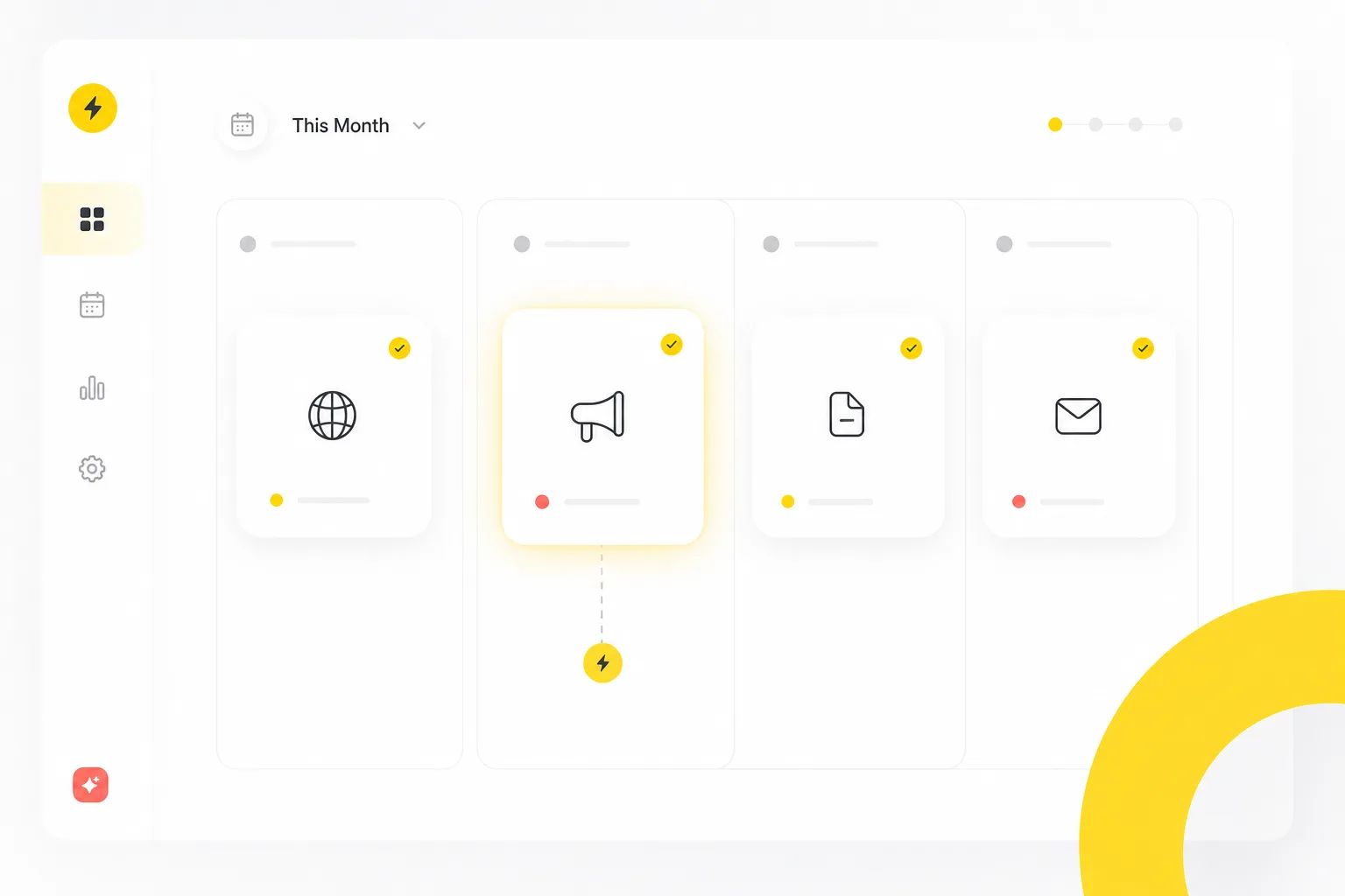 Monthly marketing task board with website, ad, SEO and email execution cards